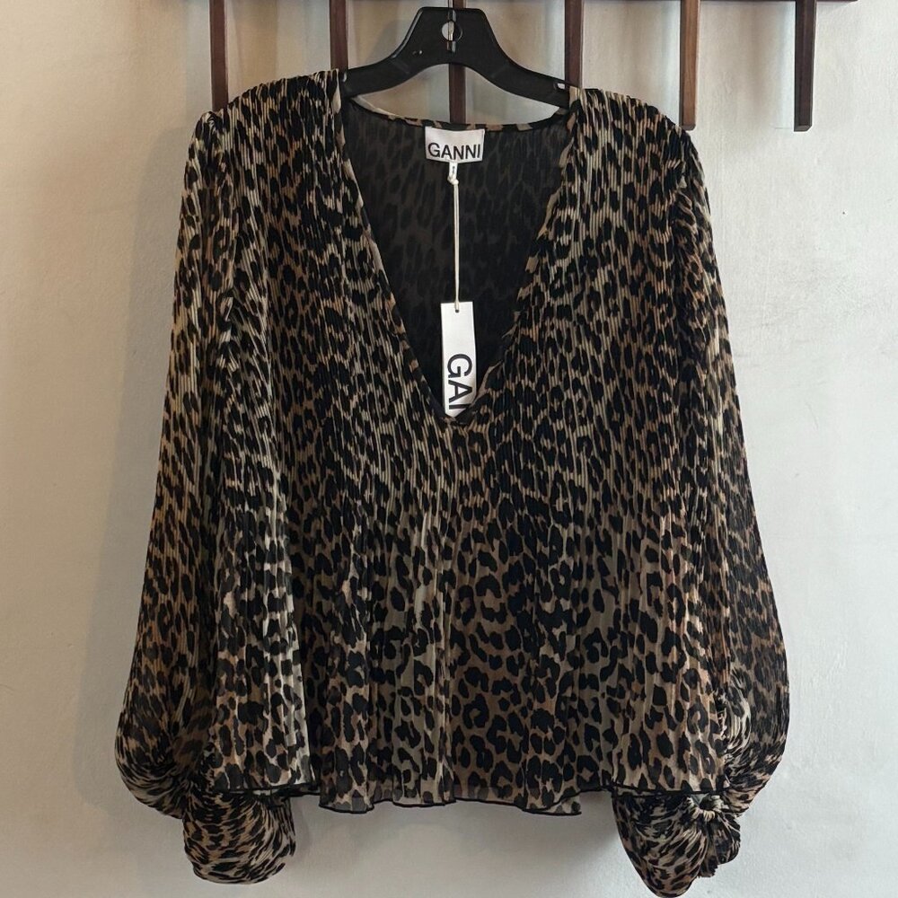 GANNI Leopard Pleated Puffy Sleeve Top